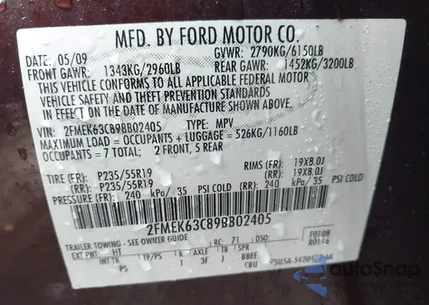 2009 Ford Flex Limited from USA, damaged, VIN 2FMEK63C89BB02405